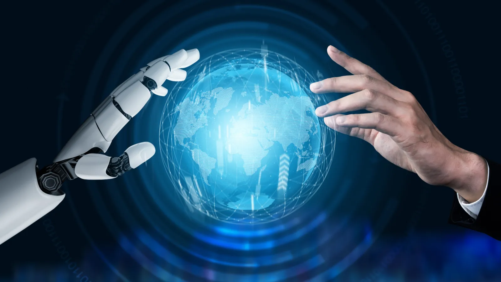 Robotic and human hands reaching toward a glowing digital globe